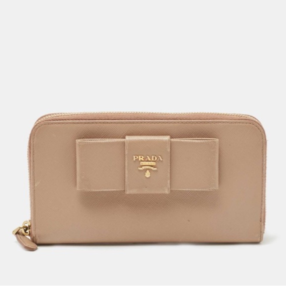 Prada Saffiano Beige Leather Wallet with Bow Accent